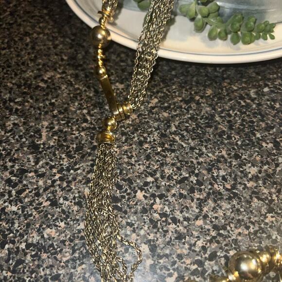 STELLA & DOT "Bianca" Lariat Gold & Bronze Tone Tassel Necklace 32" Front Hook - Picture 4 of 12